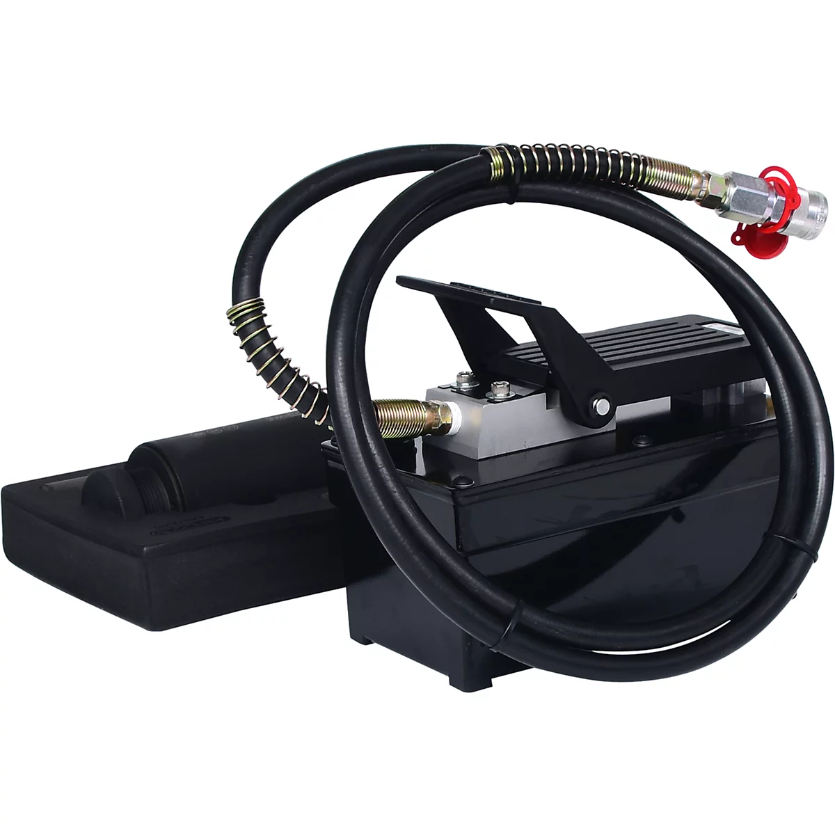 Schwarze, fußbetriebene Hydraulikpumpe mit Schlauch und Metallanschluss.